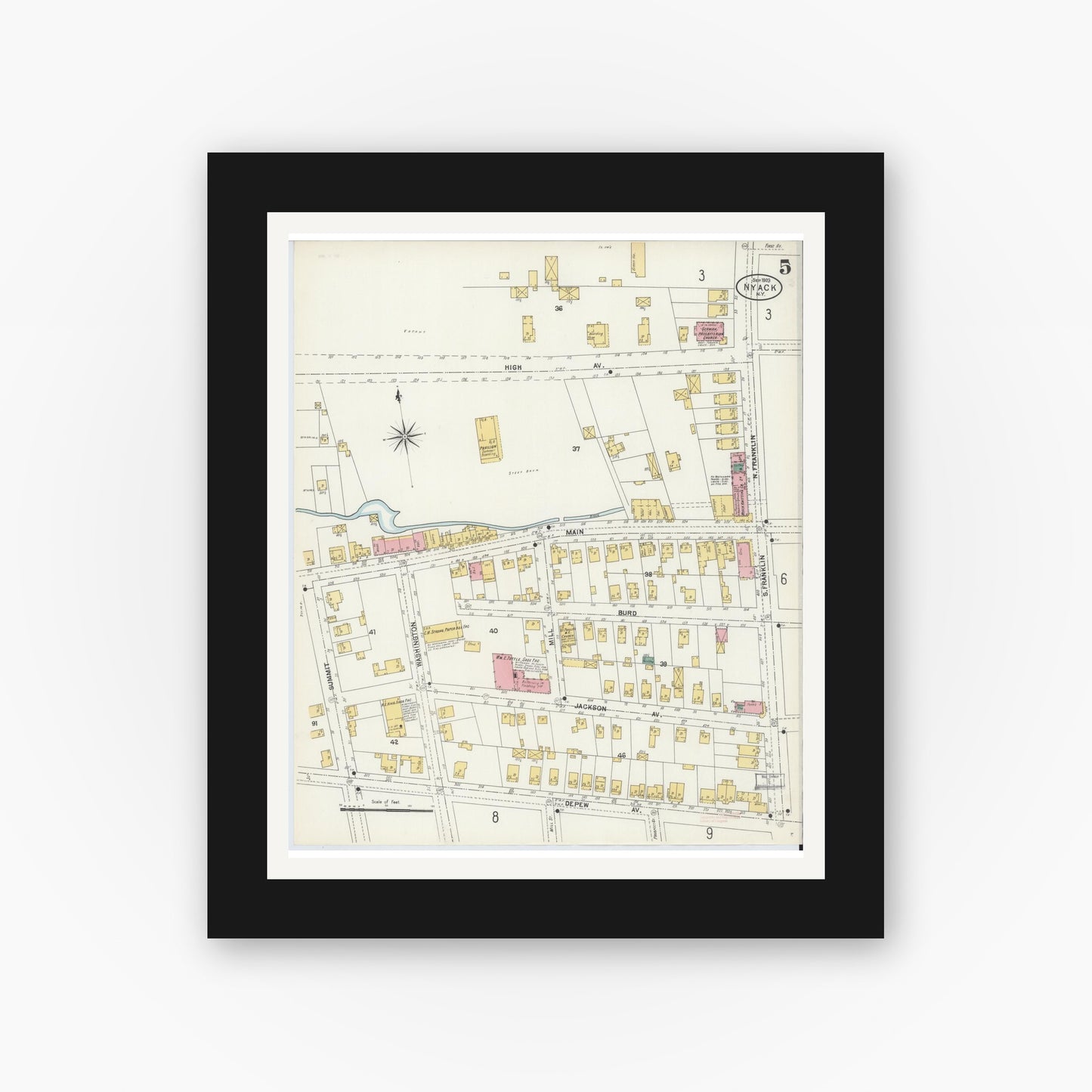 Old map wall art mockup — black gallery frame with white mat — Sanborn Fire Insurance Map from Nyack, Rockland County, New York. (1903), Sheet #0005