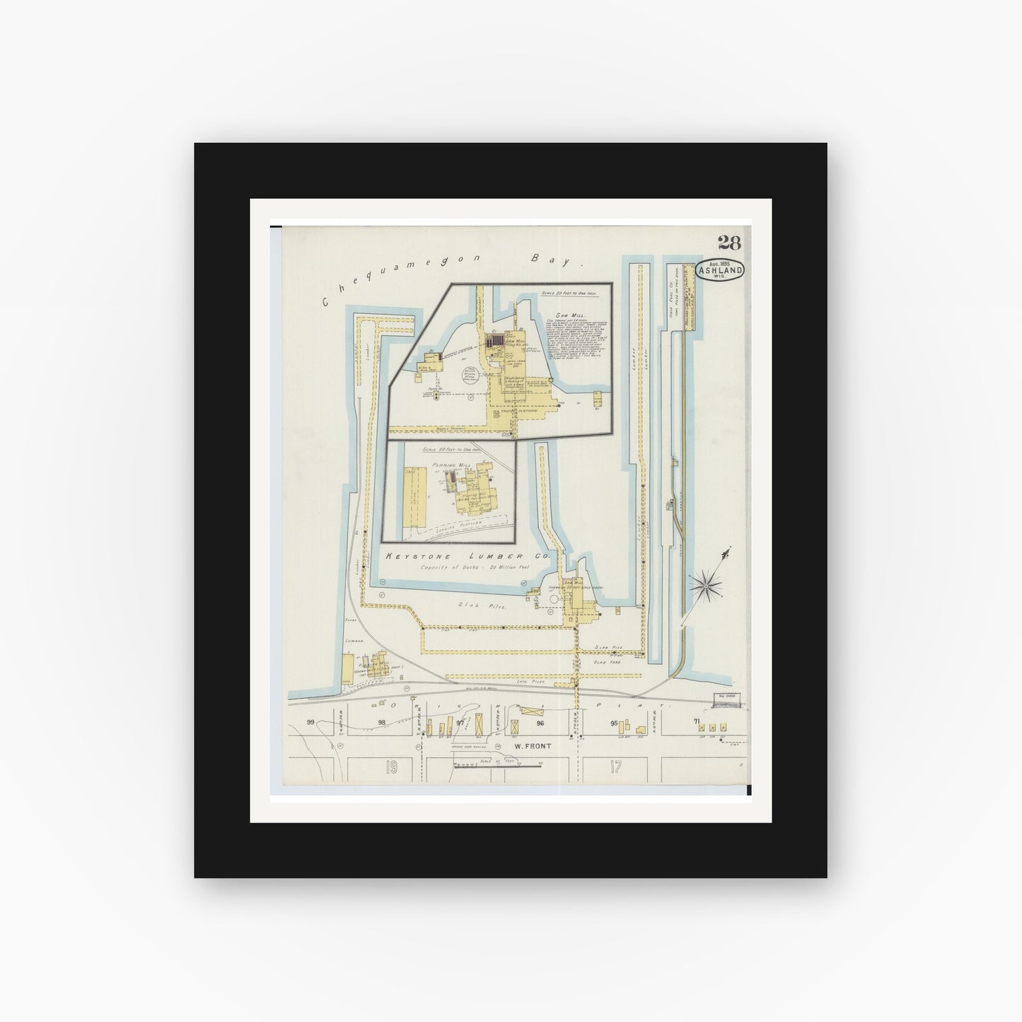 Old map wall art mockup — black gallery frame with white mat — Sanborn Fire Insurance Map from Ashland, Ashland County, Wisconsin (1895), Sheet #0028