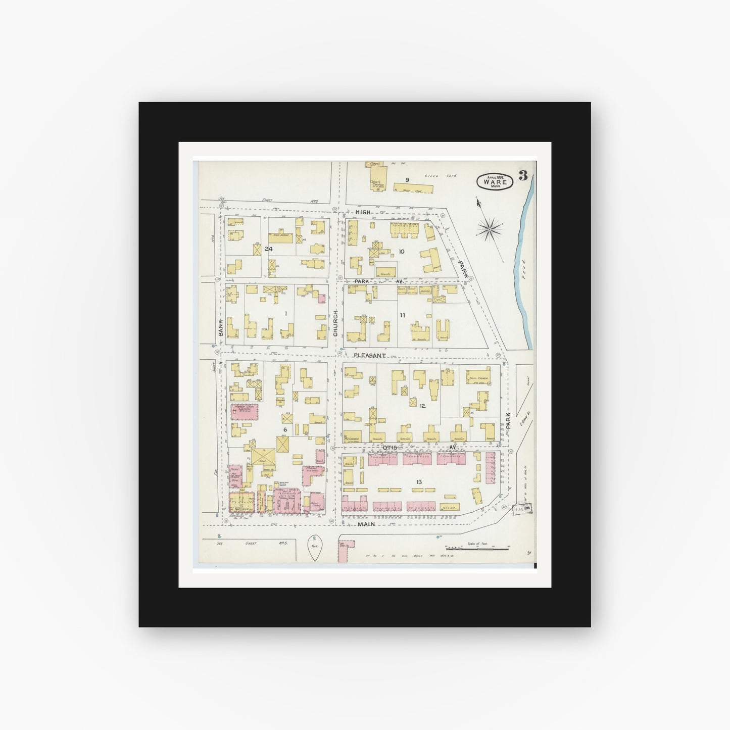 Old map wall art mockup — black gallery frame with white mat — Sanborn Fire Insurance Map from Ware, Hampshire County, Massachusetts (1892), Sheet #0003
