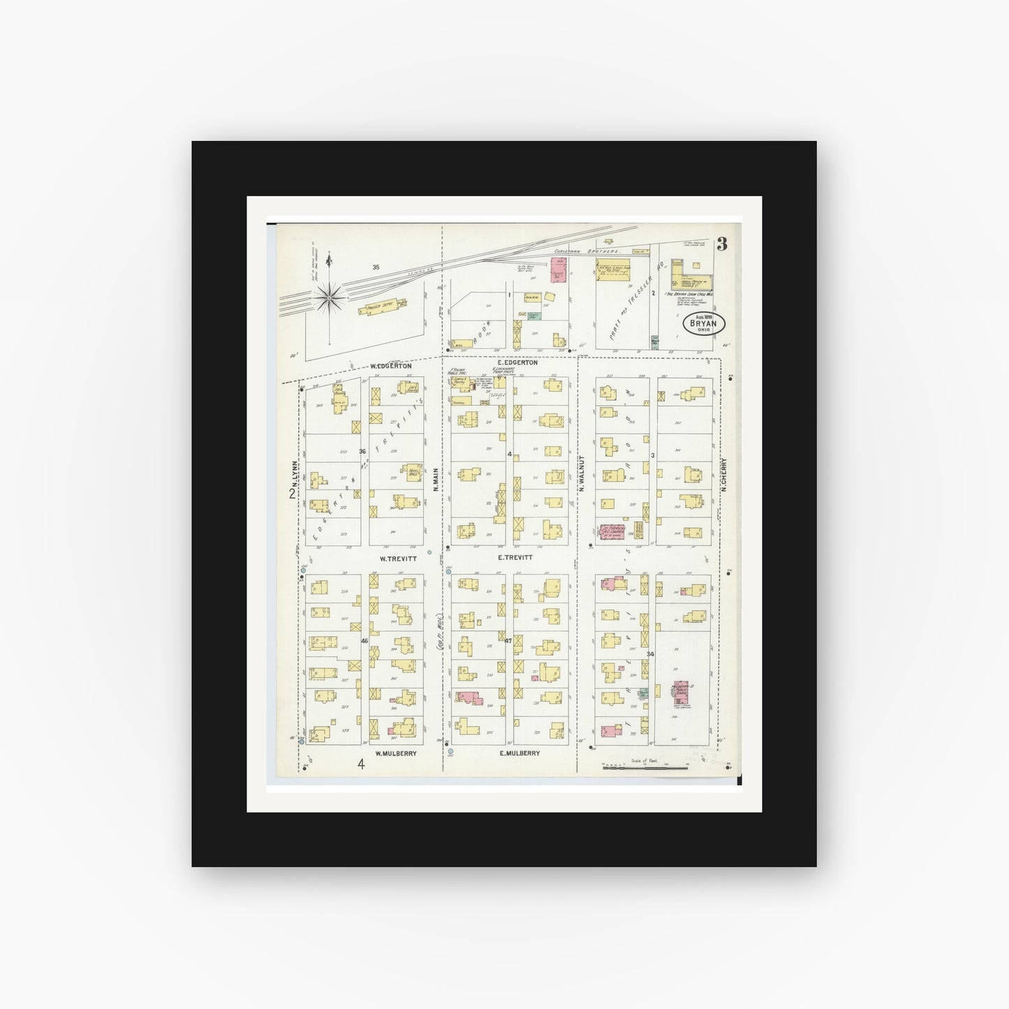 Old map wall art mockup — black gallery frame with white mat — Sanborn Fire Insurance Map from Bryan, Williams County, Ohio (1899), Sheet #0003