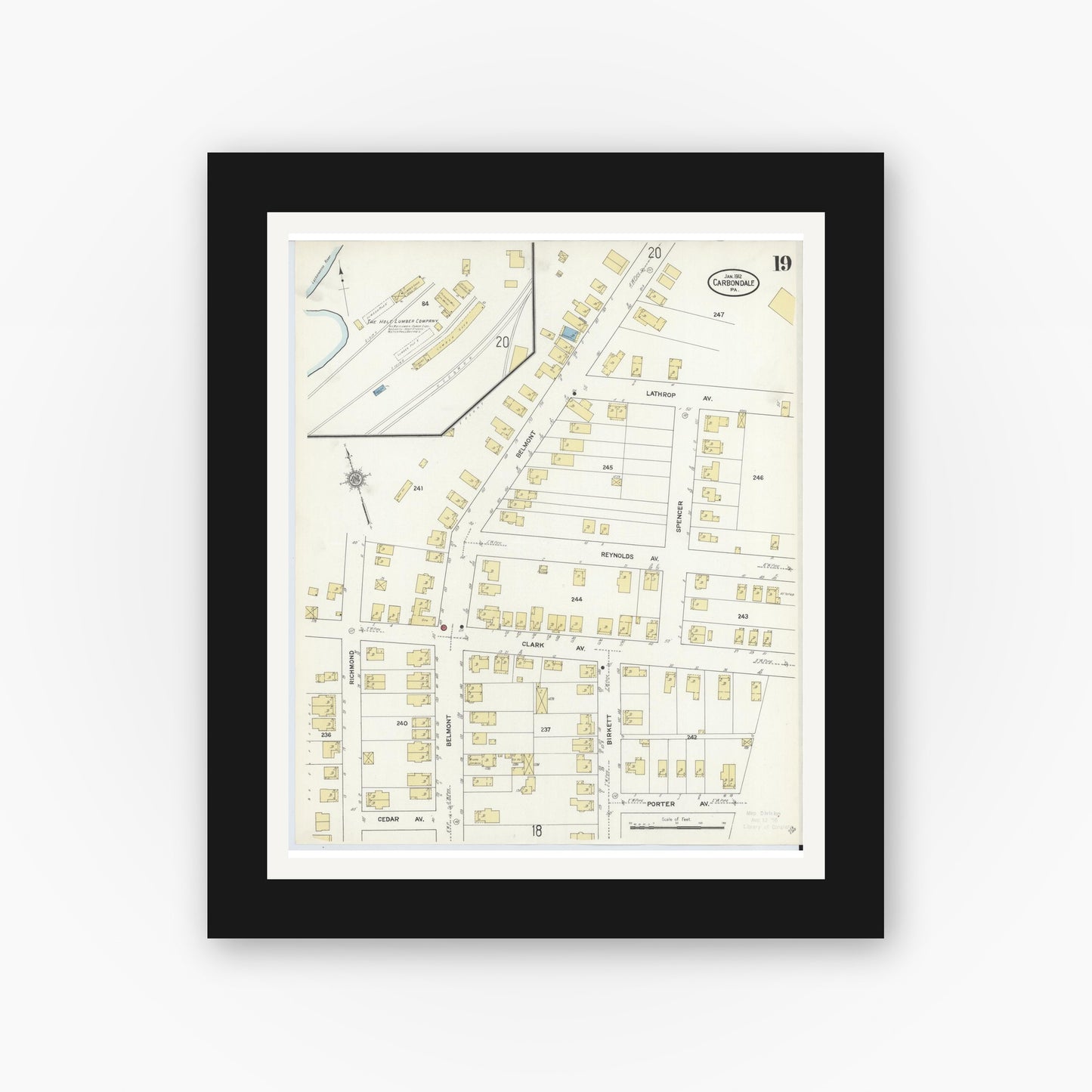Old map wall art mockup — black gallery frame with white mat — Sanborn Fire Insurance Map from Carbondale, Lackawanna County, Pennsylvania (1912), Sheet #0019