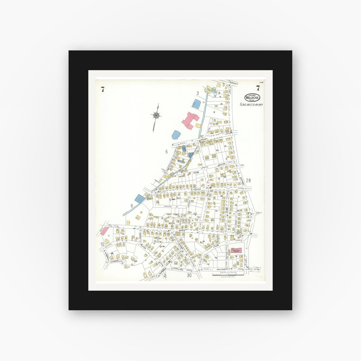 Old map wall art mockup — black gallery frame with white mat — Sanborn Fire Insurance Map from Melrose, Middlesex County, Massachusetts (1923), Sheet #0007