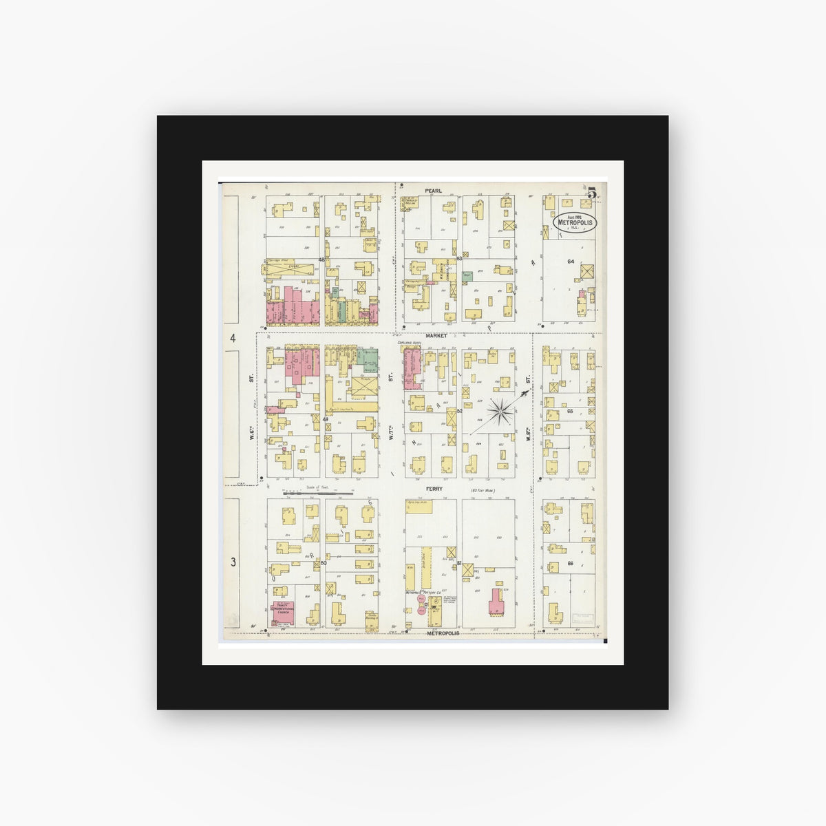 Old map wall art mockup — black gallery frame with white mat — Sanborn Fire Insurance Map from Metropolis, Massac County, Illinois (1902), Sheet #0005