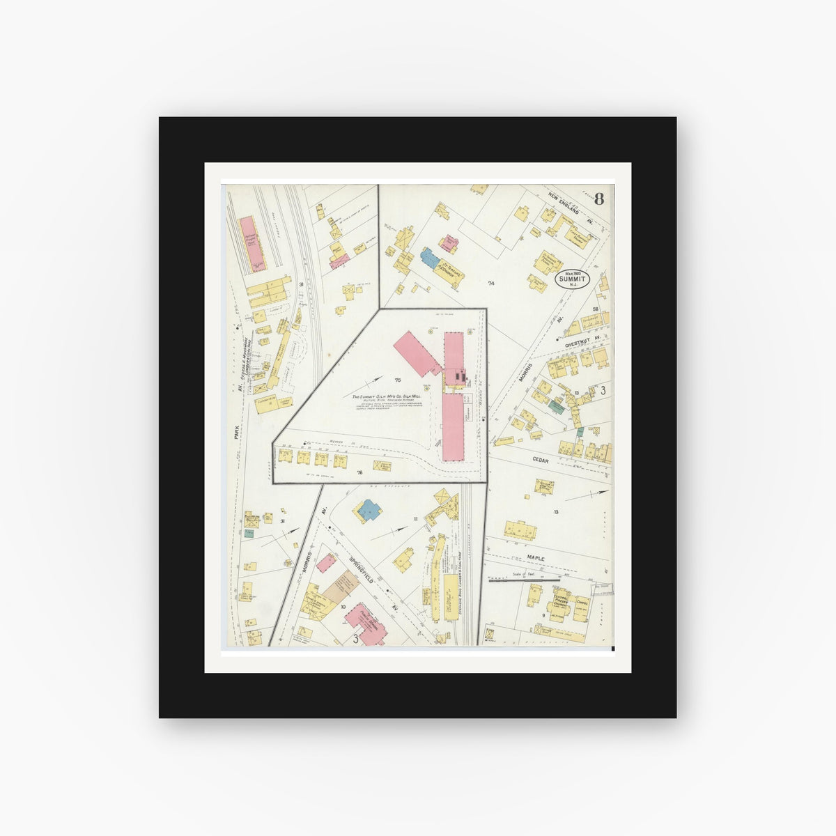 Old map wall art mockup — black gallery frame with white mat — Sanborn Fire Insurance Map from Summit, Union County, New Jersey (1903), Sheet #0008