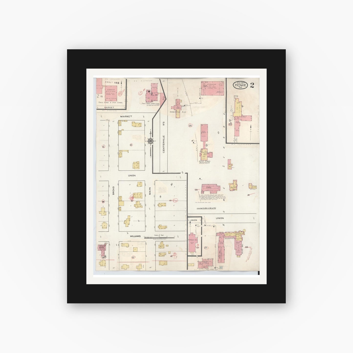 Old map wall art mockup — black gallery frame with white mat — Sanborn Fire Insurance Map from Howe, LaGrange County, Indiana (1933), Sheet #0002