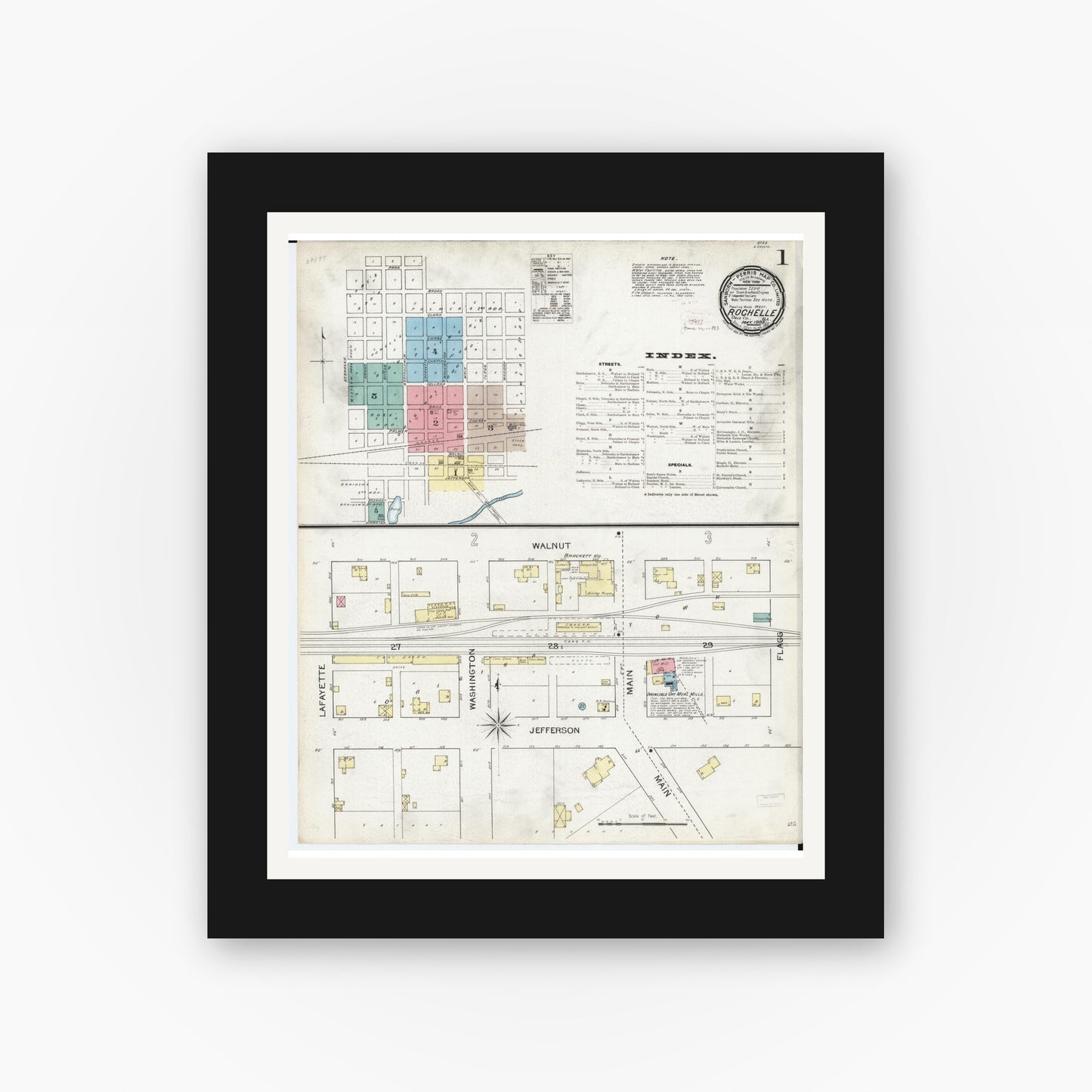 Old map wall art mockup — black gallery frame with white mat — Sanborn Fire Insurance Map from Rochelle, Ogle County, Illinois (1893), Sheet #0001