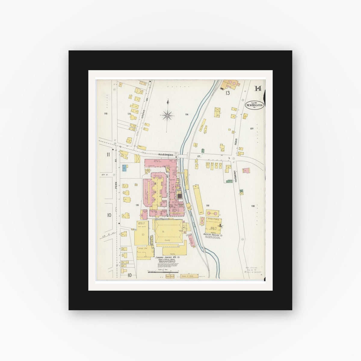 Old map wall art mockup β black gallery frame with white mat β Sanborn Fire Insurance Map from New Brighton, Beaver County, Pennsylvania (1901), Sheet #0014