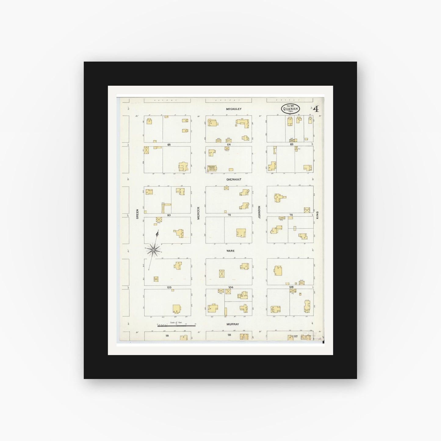 Old map wall art mockup — black gallery frame with white mat — Sanborn Fire Insurance Map from Quanah, Hardeman County, Texas (1904), Sheet #0004