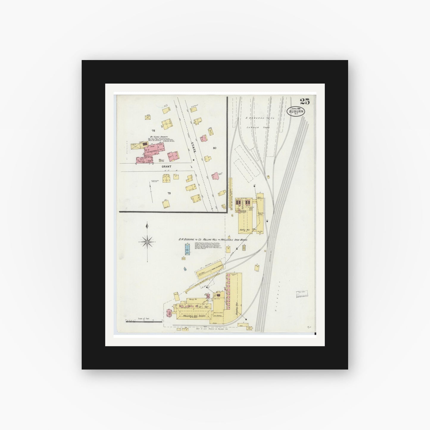 Old map wall art mockup — black gallery frame with white mat — Sanborn Fire Insurance Map from Auburn, Cayuga County, New York (1898), Sheet #0025