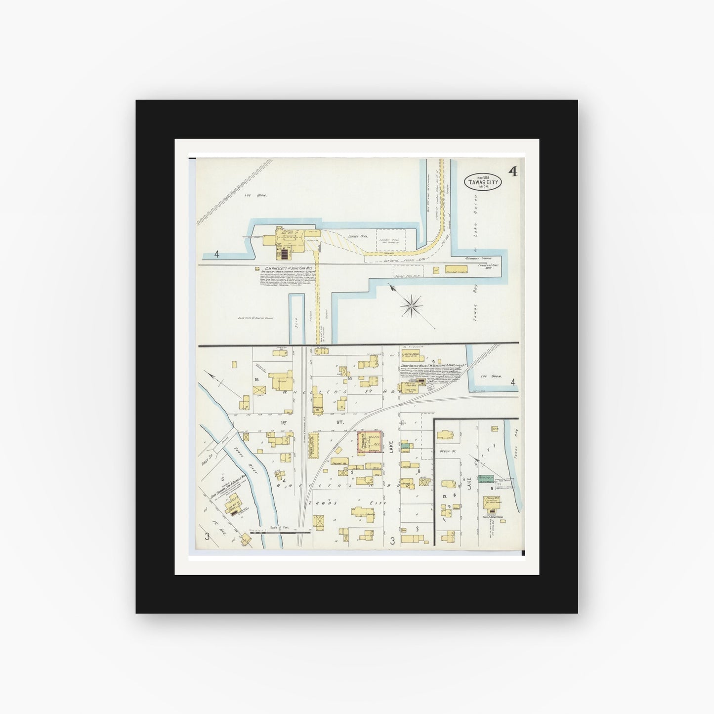 Old map wall art mockup — black gallery frame with white mat — Sanborn Fire Insurance Map from Tawas City, Iosco County, Michigan (1898), Sheet #0004