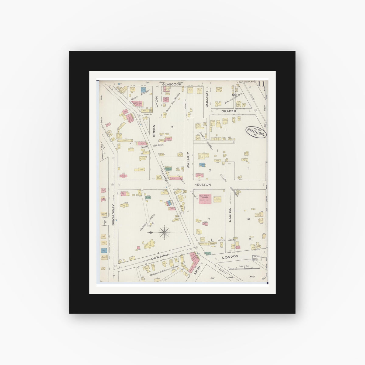 Old map wall art mockup — black gallery frame with white mat — Sanborn Fire Insurance Map from Hannibal, Marion County, Missouri (1885), Sheet #0011