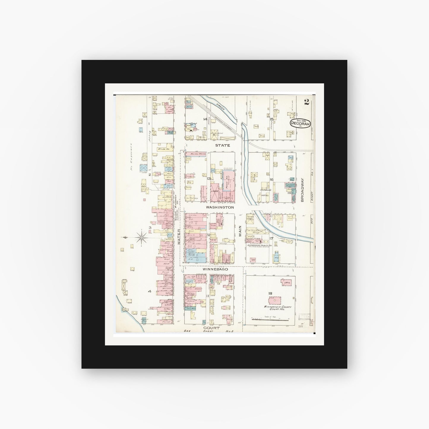 Old map wall art mockup — black gallery frame with white mat — Sanborn Fire Insurance Map from Decorah, Winneshiek County, Iowa (1885), Sheet #0002