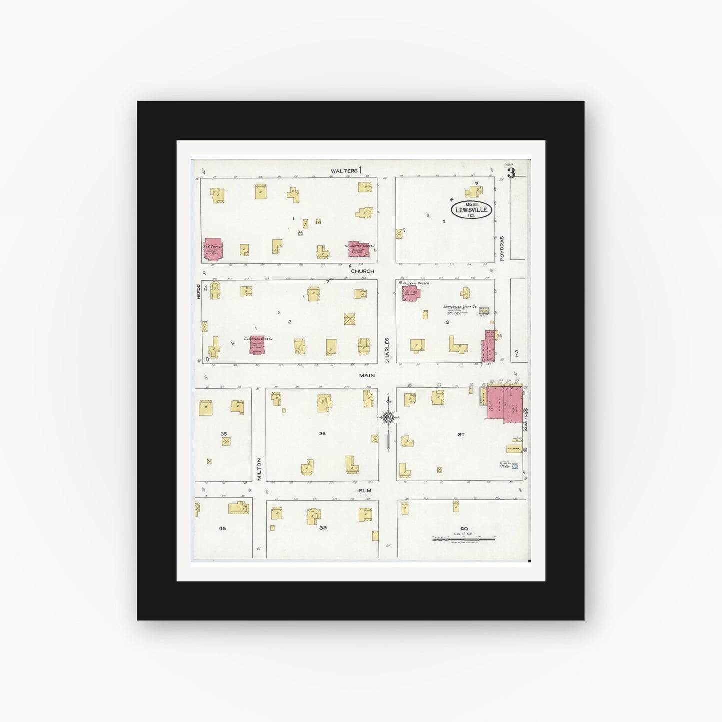 Old map wall art mockup — black gallery frame with white mat — Sanborn Fire Insurance Map from Lewisville, Denton County, Texas (1921), Sheet #0003