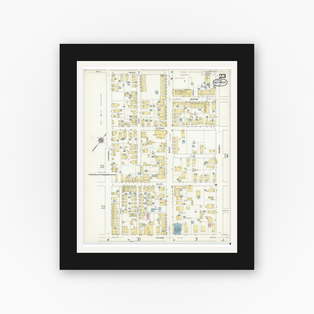Old map wall art mockup — black gallery frame with white mat — Sanborn Fire Insurance Map from Key West, Monroe County, Florida (1912), Sheet #0023