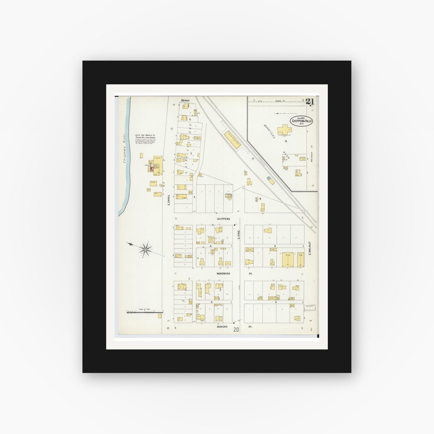 Old map wall art mockup — black gallery frame with white mat — Sanborn Fire Insurance Map from Chippewa Falls, Chippewa County, Wisconsin (1903), Sheet #0021