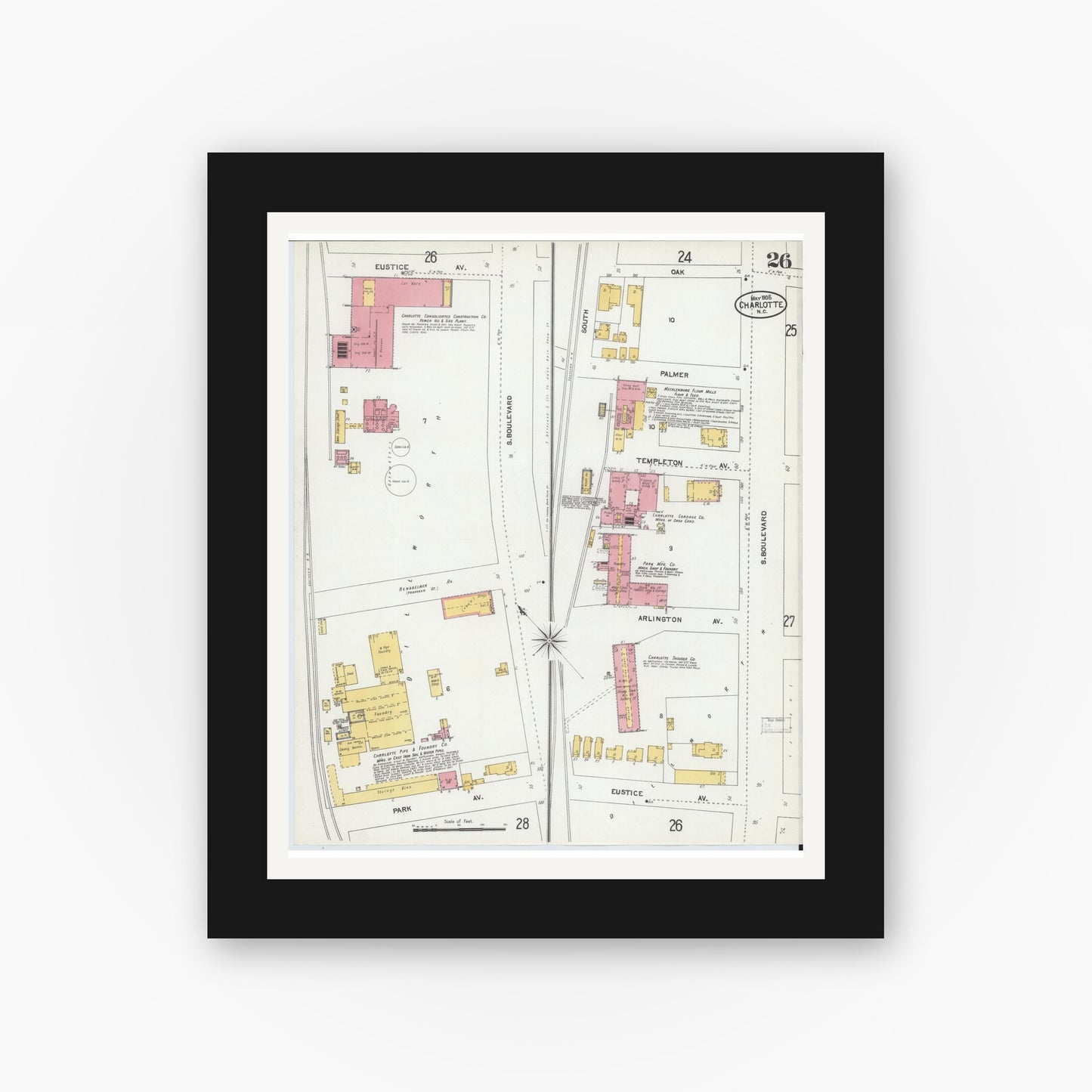 Old map wall art mockup — black gallery frame with white mat — Sanborn Fire Insurance Map from Charlotte, Mecklenburg County, North Carolina (1905), Sheet #0026
