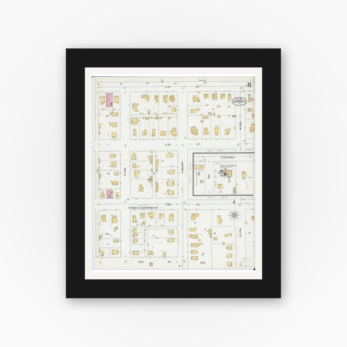 Old map wall art mockup — black gallery frame with white mat — Sanborn Fire Insurance Map from Kewanee, Henry County, Illinois (1899), Sheet #0008