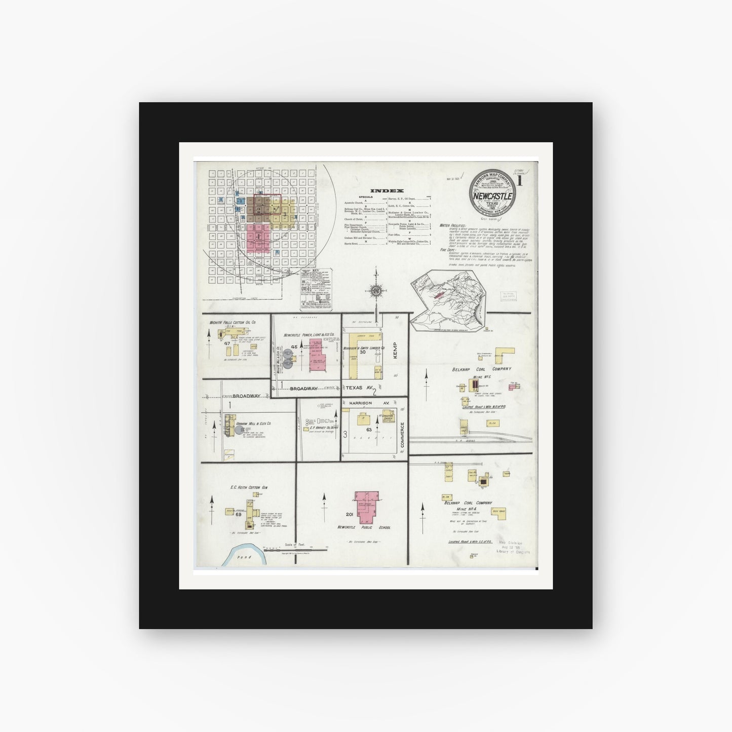 Old map wall art mockup — black gallery frame with white mat — Sanborn Fire Insurance Map from Newcastle, Young County, Texas (1921) - Complete Map Set