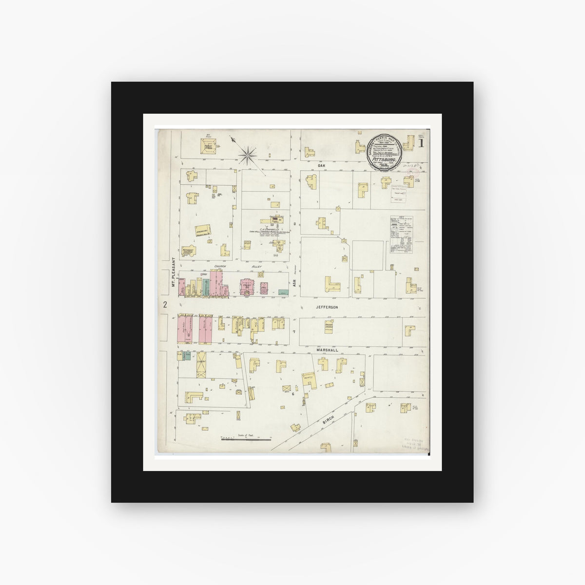 Old map wall art mockup — black gallery frame with white mat — Sanborn Fire Insurance Map from Pittsburg, Camp County, Texas (1896), Sheet #0001