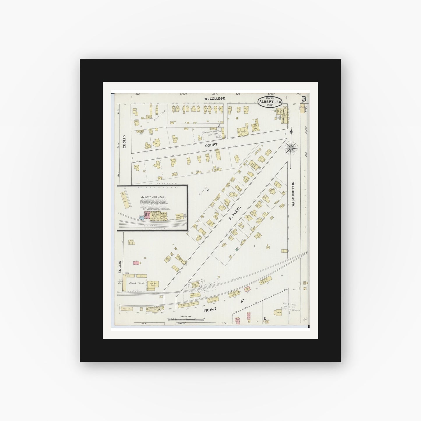 Old map wall art mockup — black gallery frame with white mat — Sanborn Fire Insurance Map from Albert Lea, Freeborn County, Minnesota (1891), Sheet #0005
