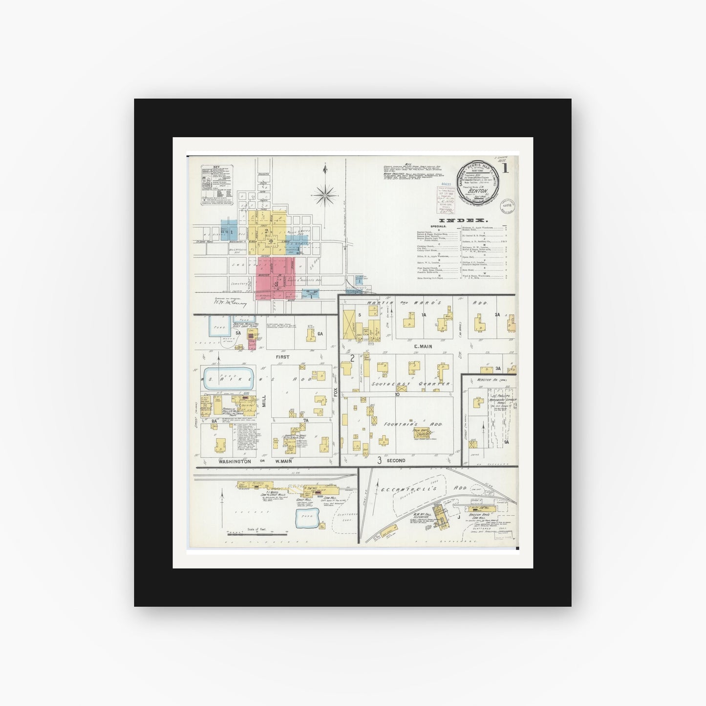 Old map wall art mockup — black gallery frame with white mat — Sanborn Fire Insurance Map from Benton, Franklin County, Illinois (1900) - Complete Map Set