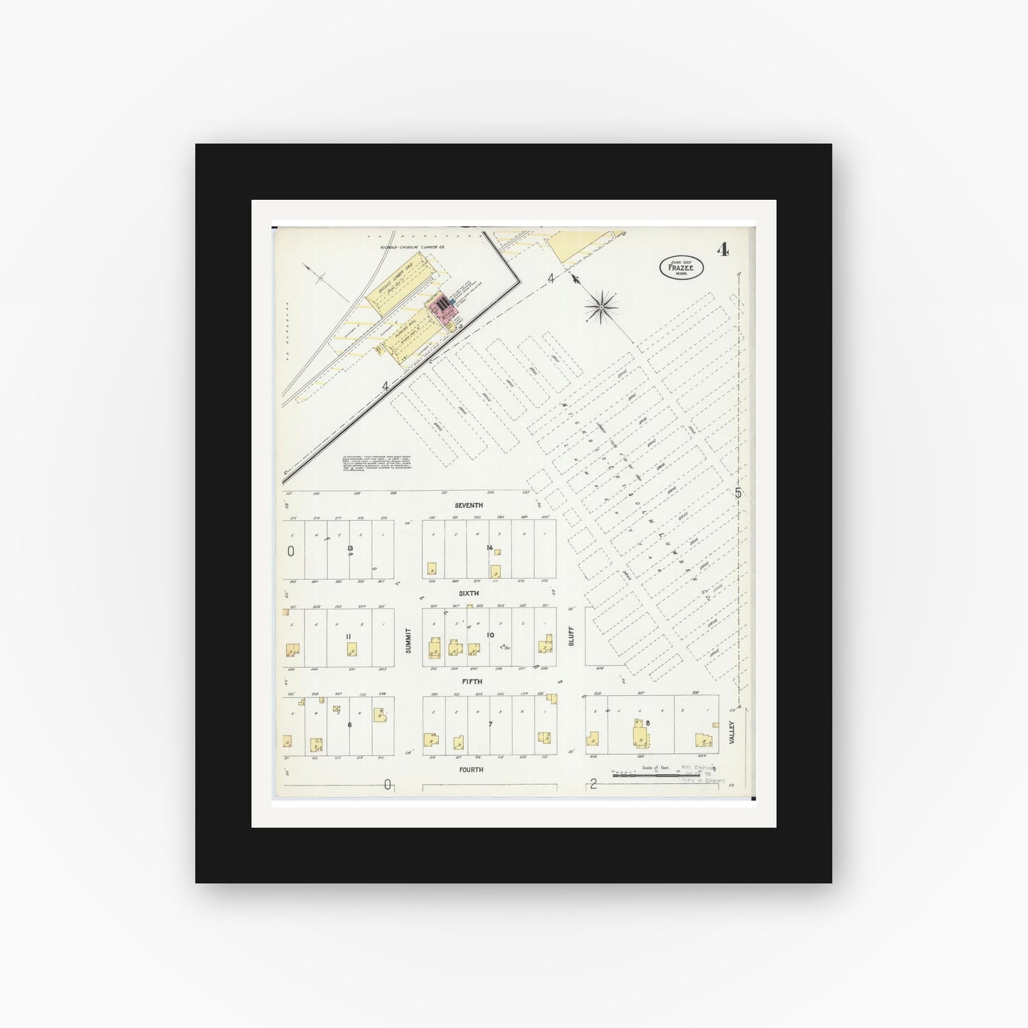 Old map wall art mockup — black gallery frame with white mat — Sanborn Fire Insurance Map from Frazee, Becker County, Minnesota (1907), Sheet #0004