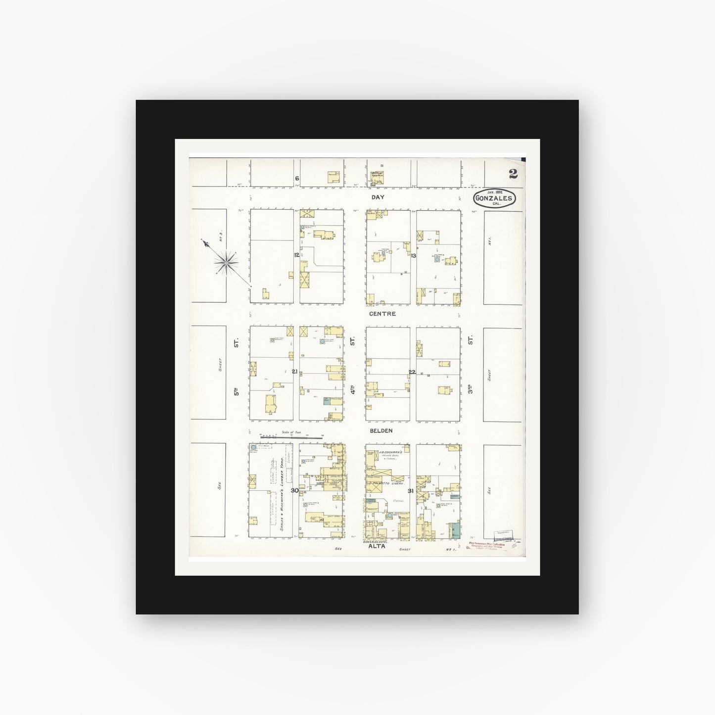 Old map wall art mockup — black gallery frame with white mat — Sanborn Fire Insurance Map from Gonzales, Monterey County, California (1892), Sheet #0002