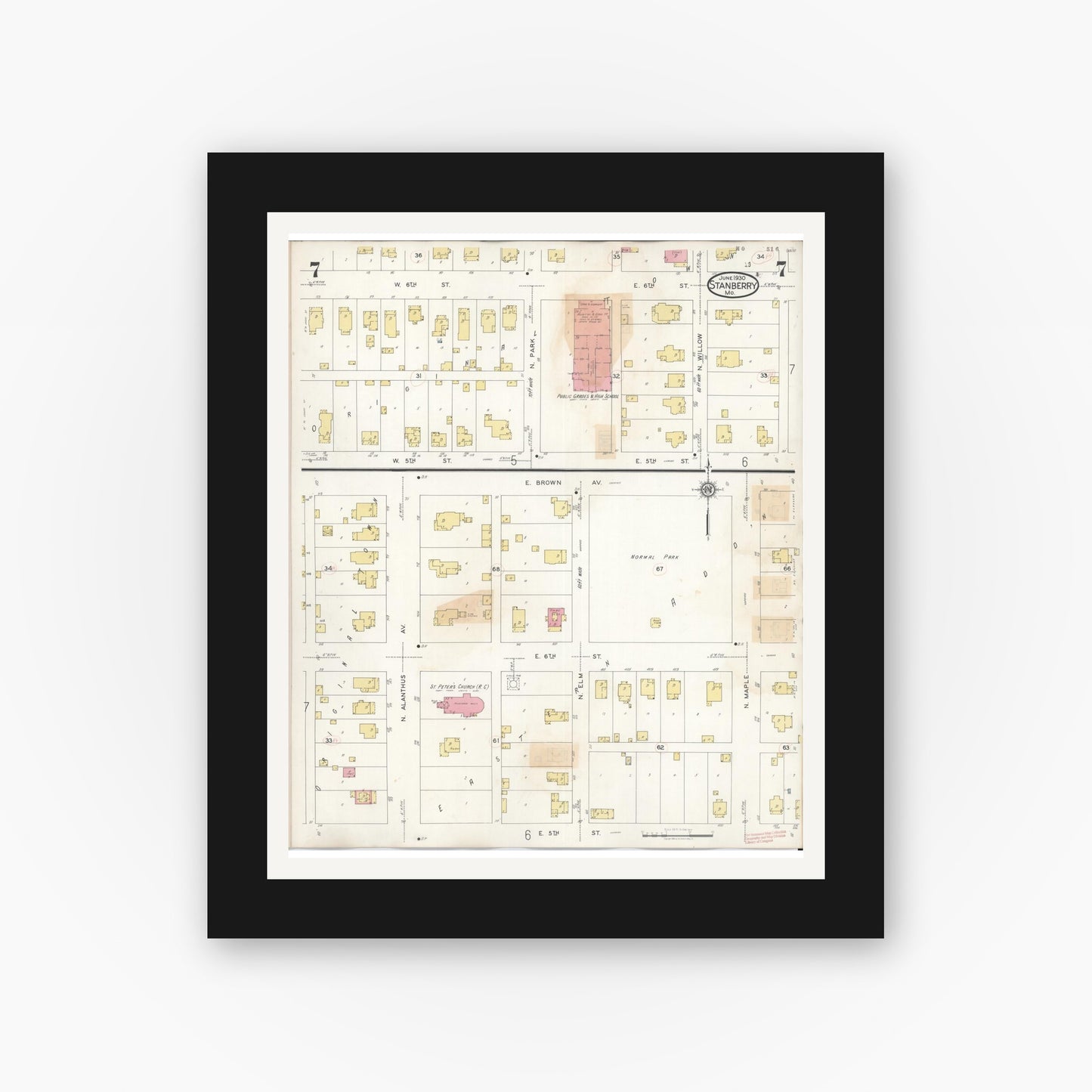 Old map wall art mockup — black gallery frame with white mat — Sanborn Fire Insurance Map from Stanberry, Gentry County, Missouri (1940), Sheet #0007