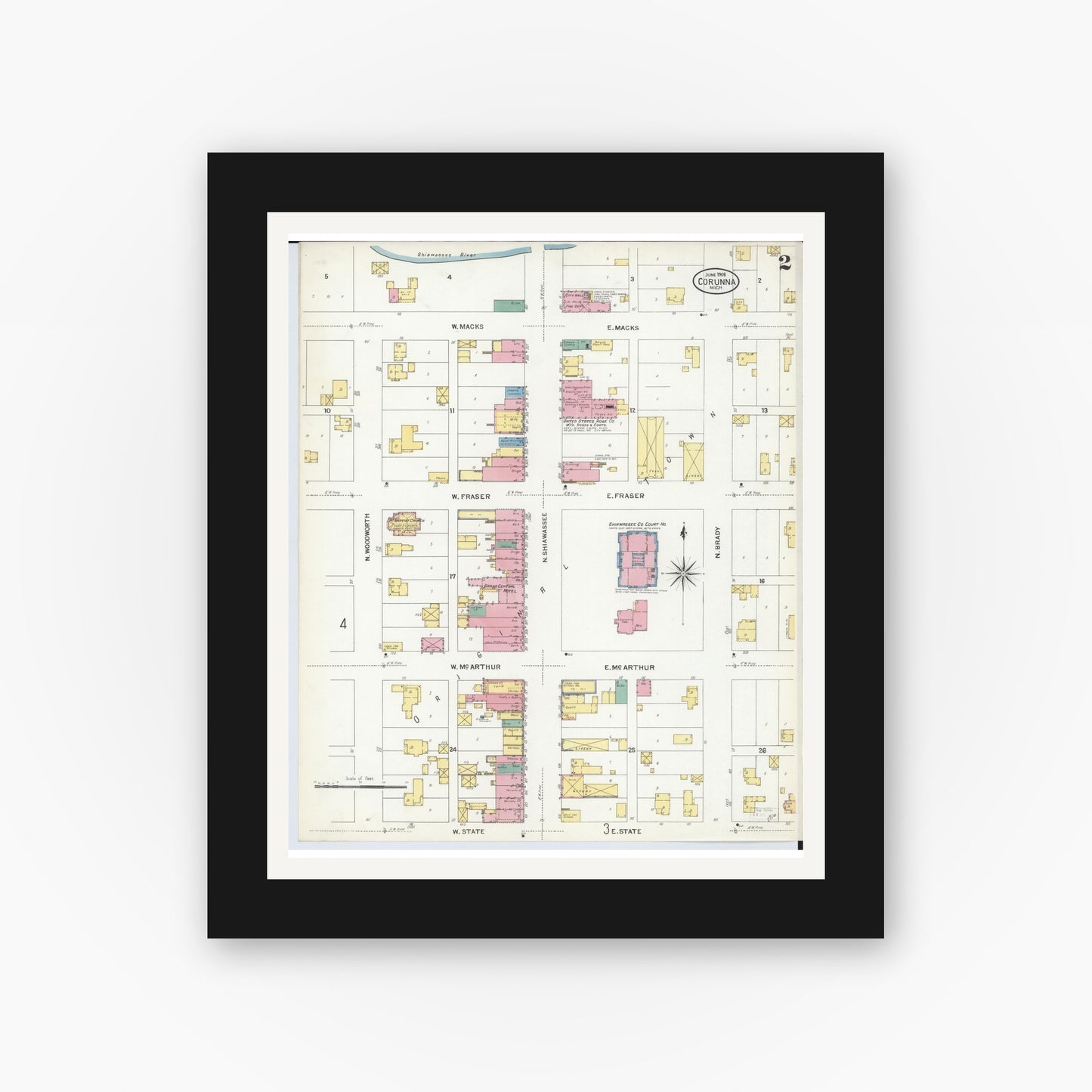 Old map wall art mockup — black gallery frame with white mat — Sanborn Fire Insurance Map from Corunna, Shiawassee County, Michigan (1908), Sheet #0002