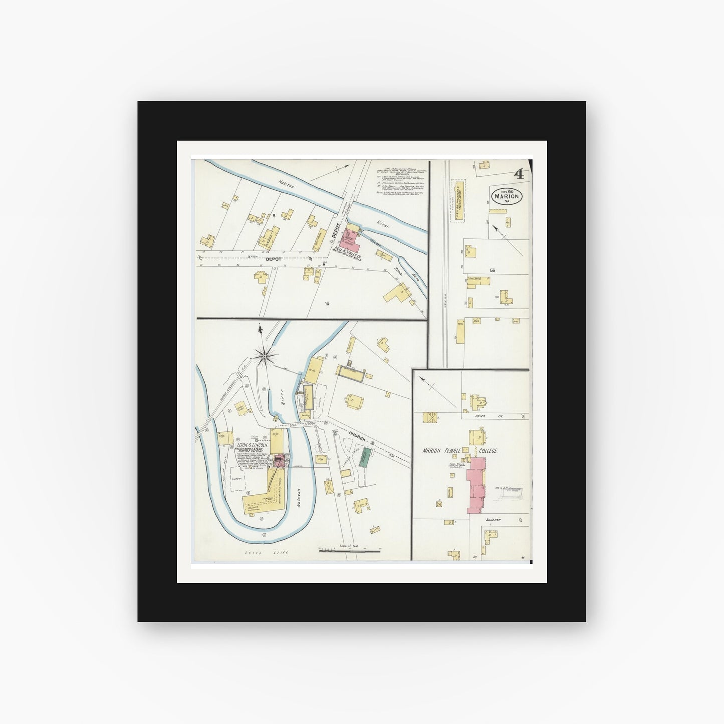 Old map wall art mockup — black gallery frame with white mat — Sanborn Fire Insurance Map from Marion, Smyth County, Virginia (1902), Sheet #0004