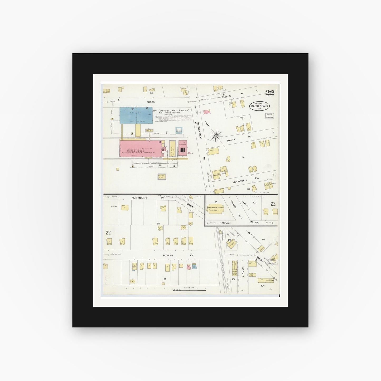 Old map wall art mockup — black gallery frame with white mat — Sanborn Fire Insurance Map from Hackensack, Bergen County, New Jersey (1908), Sheet #0022