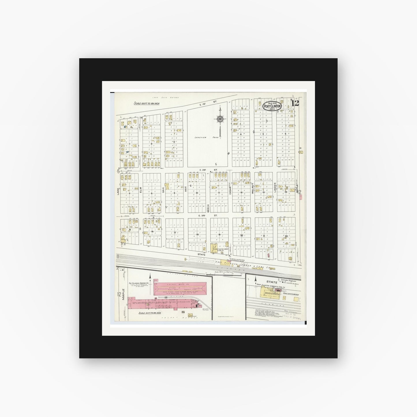 Old map wall art mockup — black gallery frame with white mat — Sanborn Fire Insurance Map from Port Clinton, Ottawa County, Ohio (1916), Sheet #0012