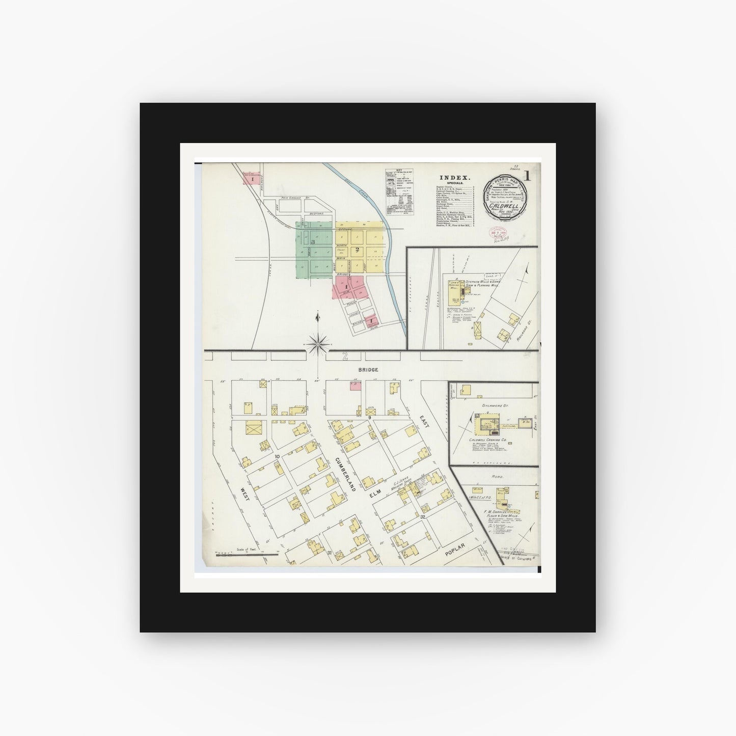 Old map wall art mockup — black gallery frame with white mat — Sanborn Fire Insurance Map from Caldwell, Noble County, Ohio (1895), Sheet #0001