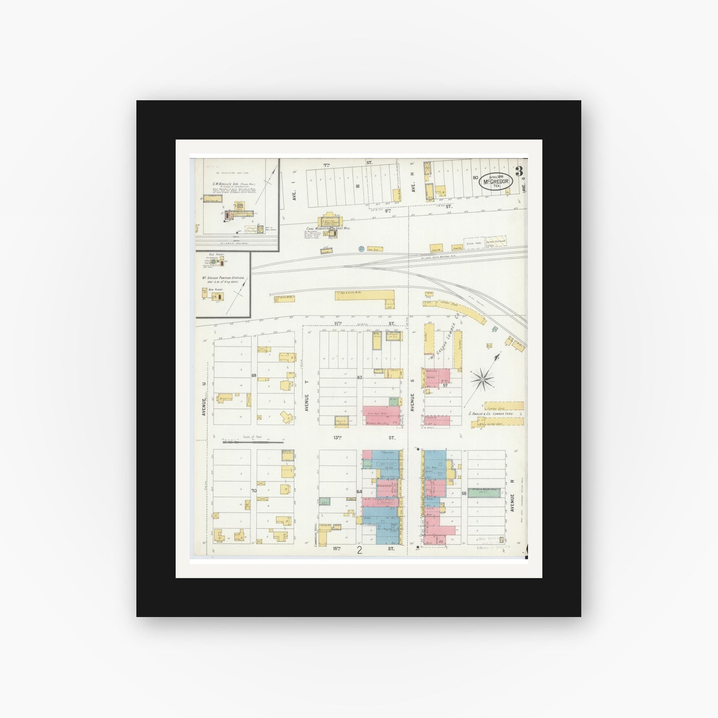 Old map wall art mockup — black gallery frame with white mat — Sanborn Fire Insurance Map from McGregor, McLennan County, Texas (1899), Sheet #0003