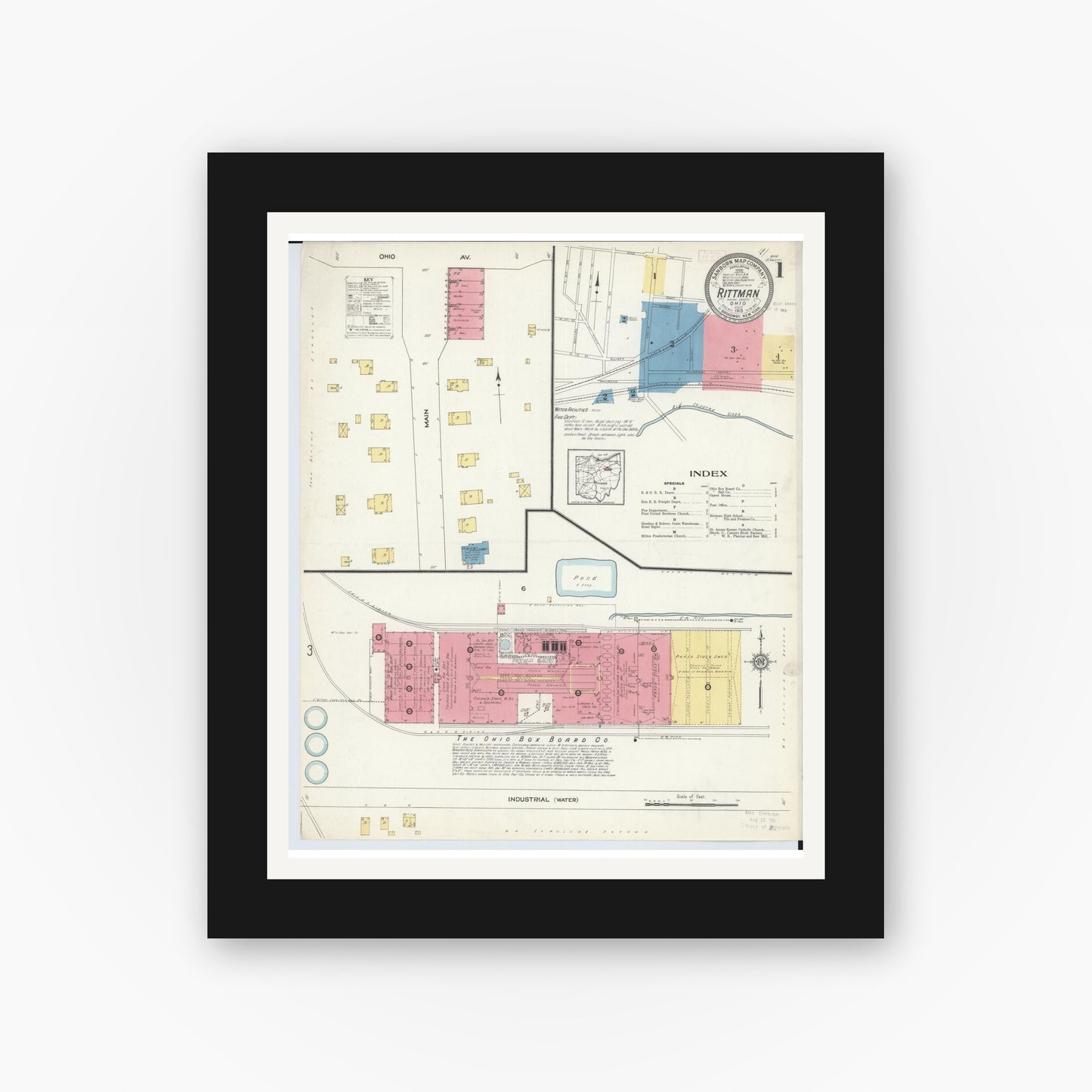 Old map wall art mockup — black gallery frame with white mat — Sanborn Fire Insurance Map from Rittman, Wayne County, Ohio (1913) - Complete Map Set