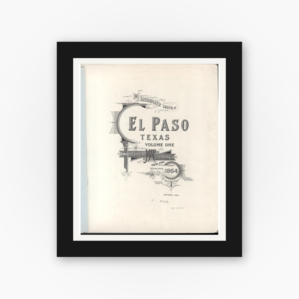 Old map wall art mockup — black gallery frame with white mat — Sanborn Fire Insurance Map from El Paso, El Paso County, Texas (1954), Sheet #0001
