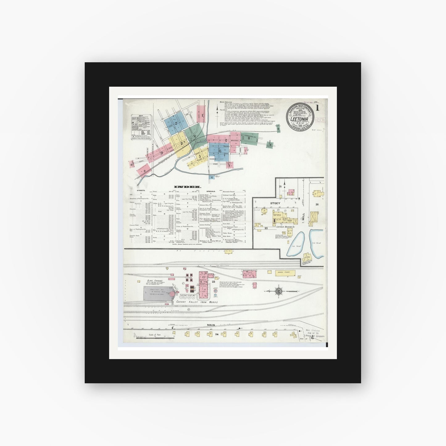 Old map wall art mockup — black gallery frame with white mat — Sanborn Fire Insurance Map from Leetonia, Columbiana County, Ohio (1910), Sheet #0001