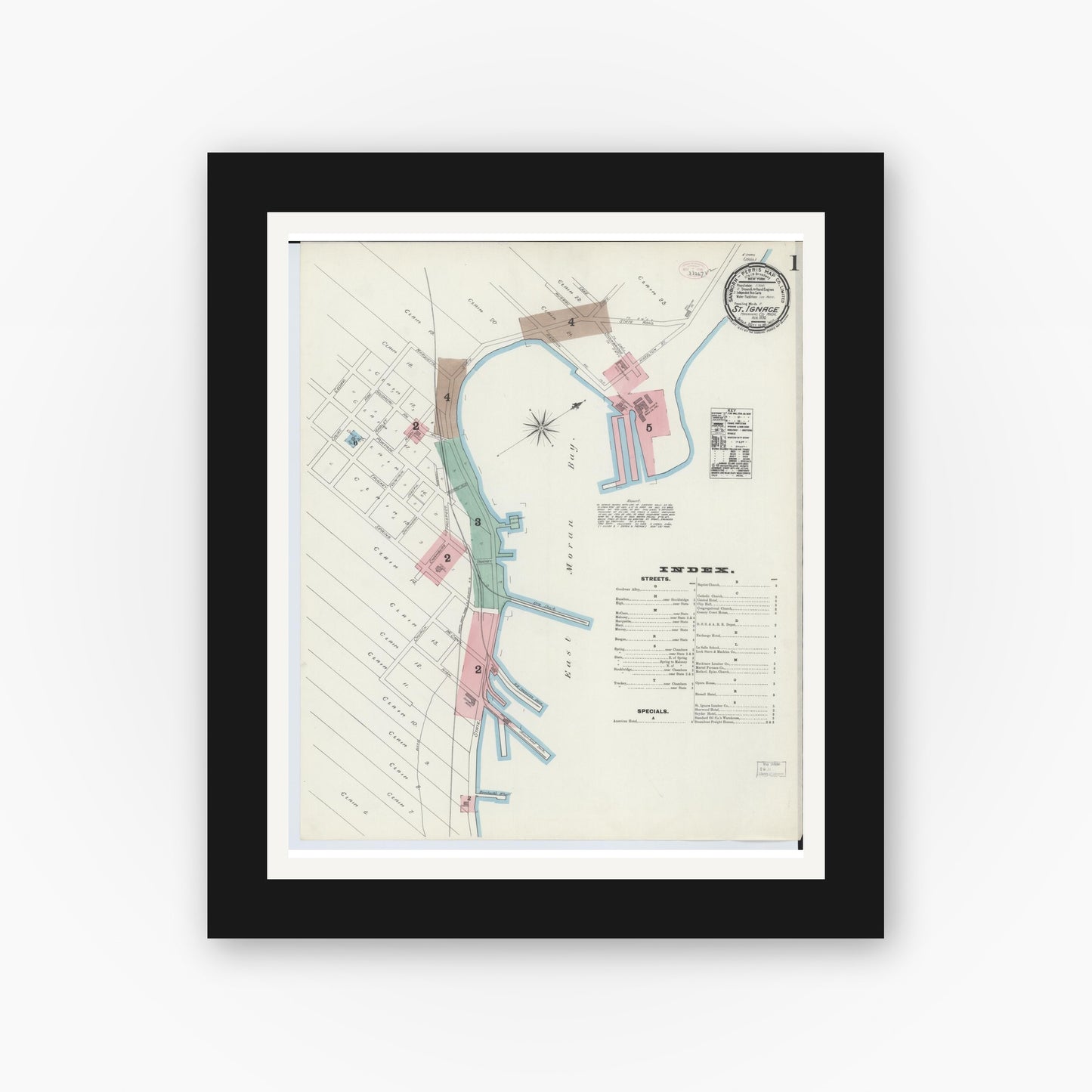 Old map wall art mockup — black gallery frame with white mat — Sanborn Fire Insurance Map from Saint Ignace, Mackinac County, Michigan (1890) - Complete Map Set