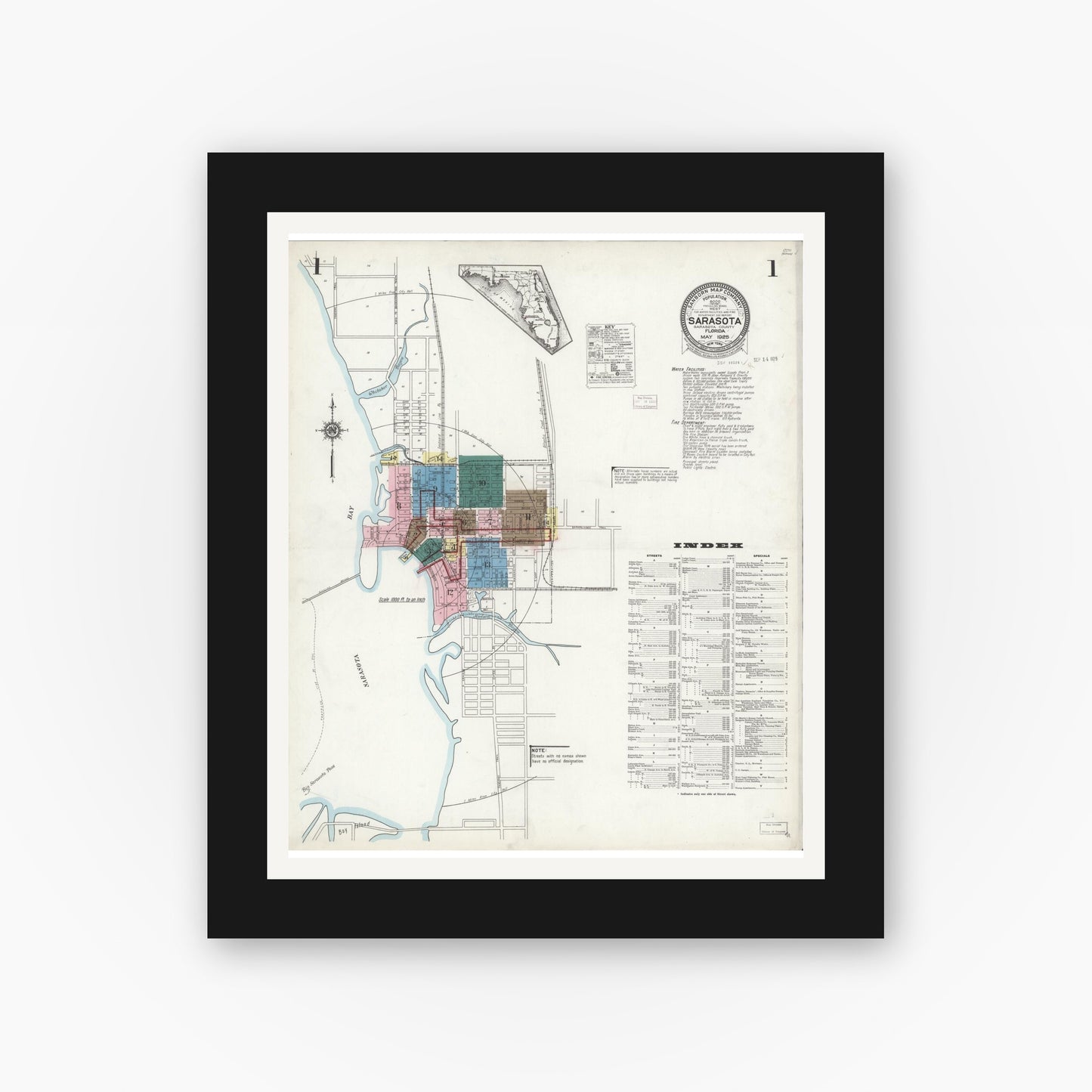 Old map wall art mockup — black gallery frame with white mat — Sanborn Fire Insurance Map from Sarasota, Sarasota County, Florida (1925), Sheet #0001