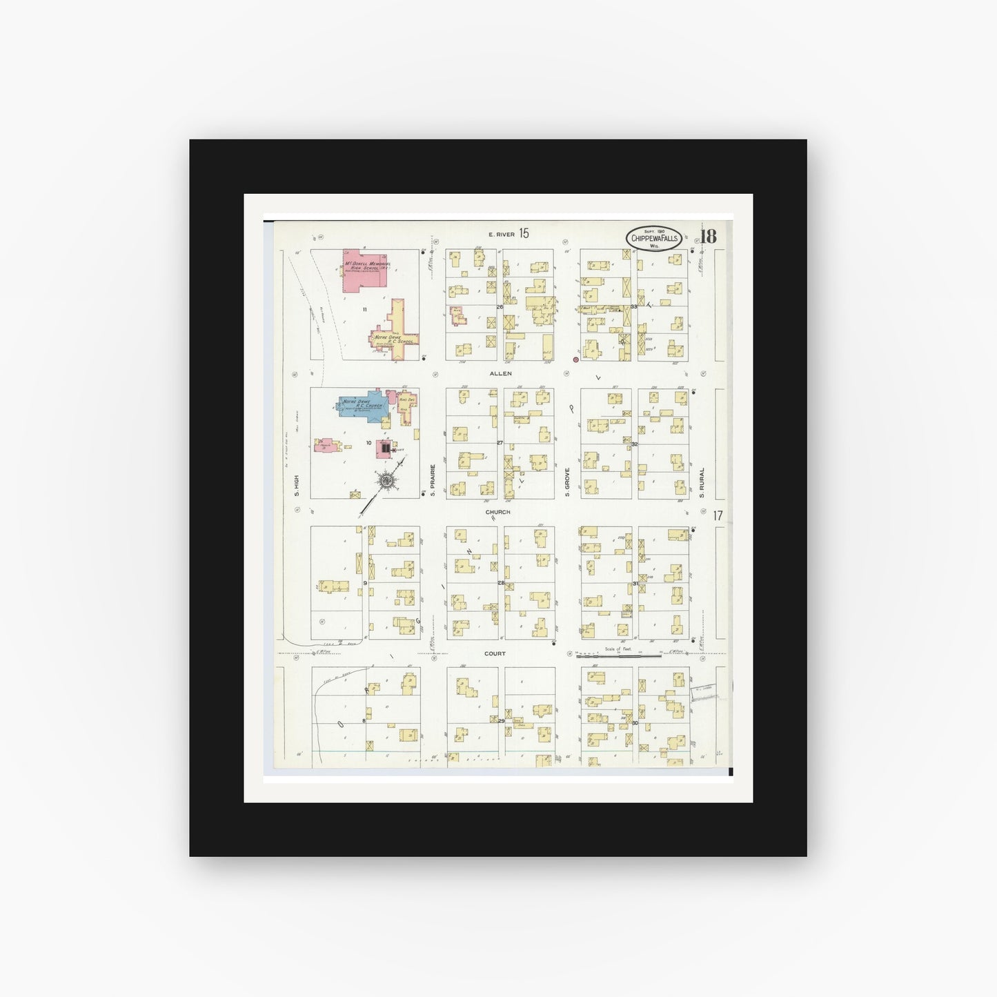 Old map wall art mockup — black gallery frame with white mat — Sanborn Fire Insurance Map from Chippewa Falls, Chippewa County, Wisconsin (1910), Sheet #0018