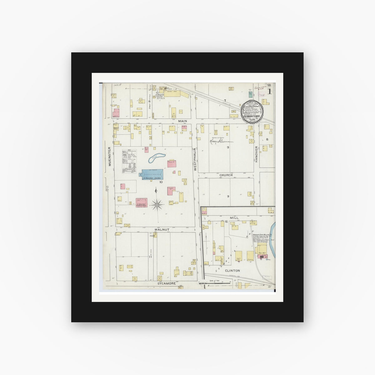 Old map wall art mockup — black gallery frame with white mat — Sanborn Fire Insurance Map from Germantown, Clinton County, Illinois (1894) - Complete Map Set