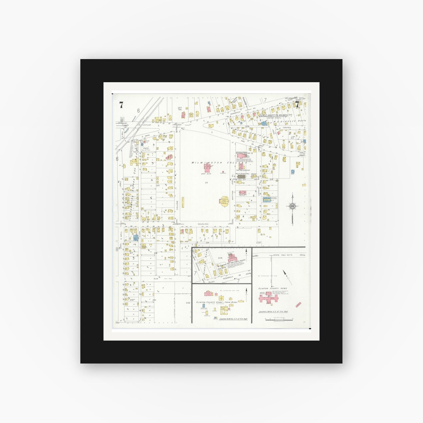 Old map wall art mockup — black gallery frame with white mat — Sanborn Fire Insurance Map from Wilmington, Clinton County, Ohio (1933), Sheet #0007