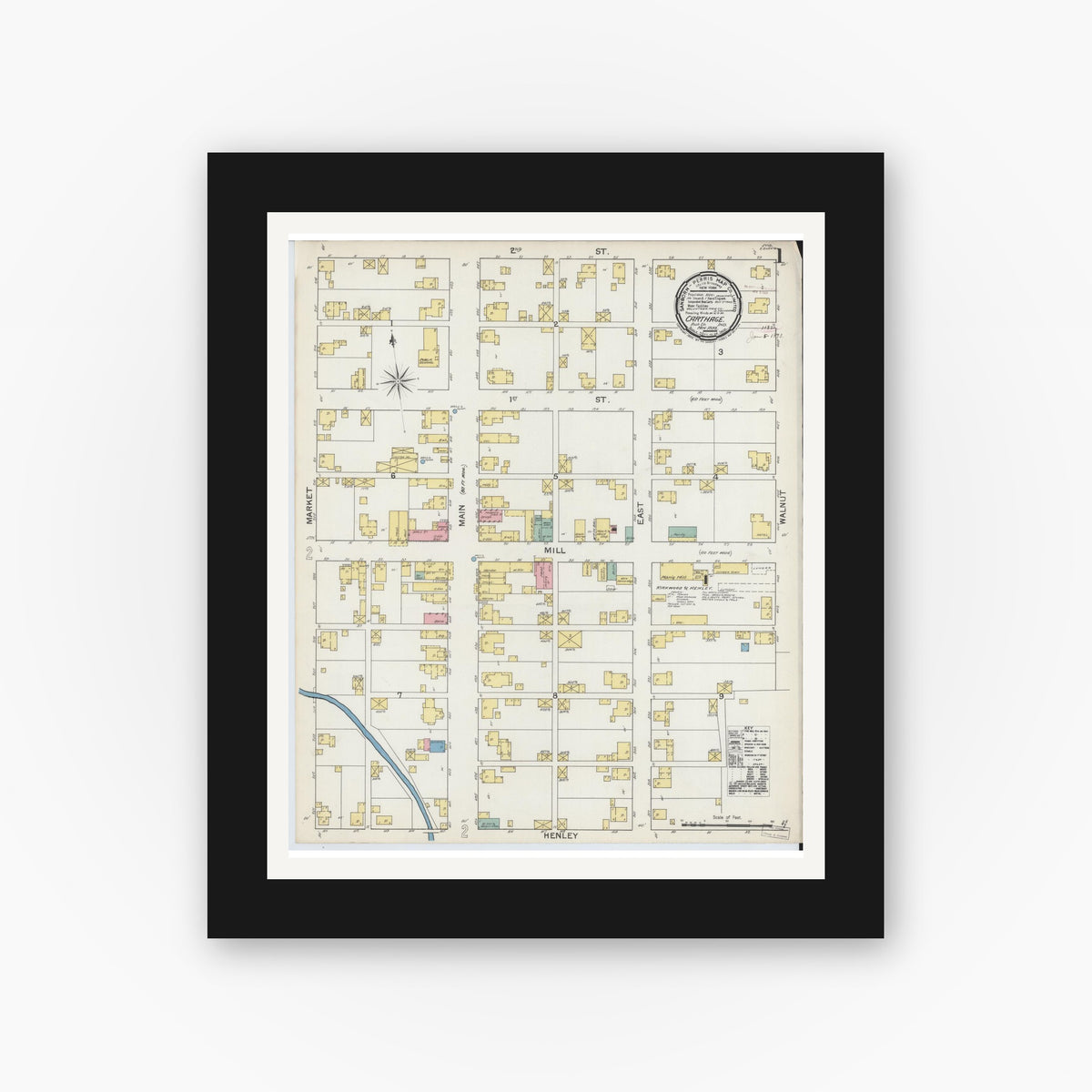 Old map wall art mockup — black gallery frame with white mat — Sanborn Fire Insurance Map from Carthage, Rush County, Indiana (1892), Sheet #0001