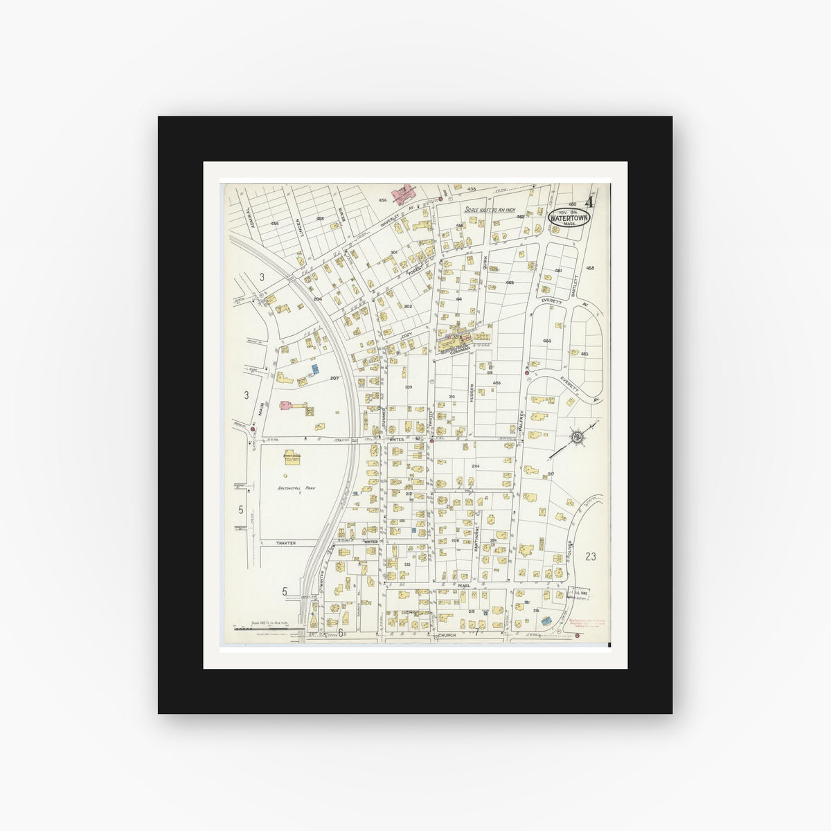 Old map wall art mockup — black gallery frame with white mat — Sanborn Fire Insurance Map from Watertown, Middlesex County, Massachusetts (1916), Sheet #0004
