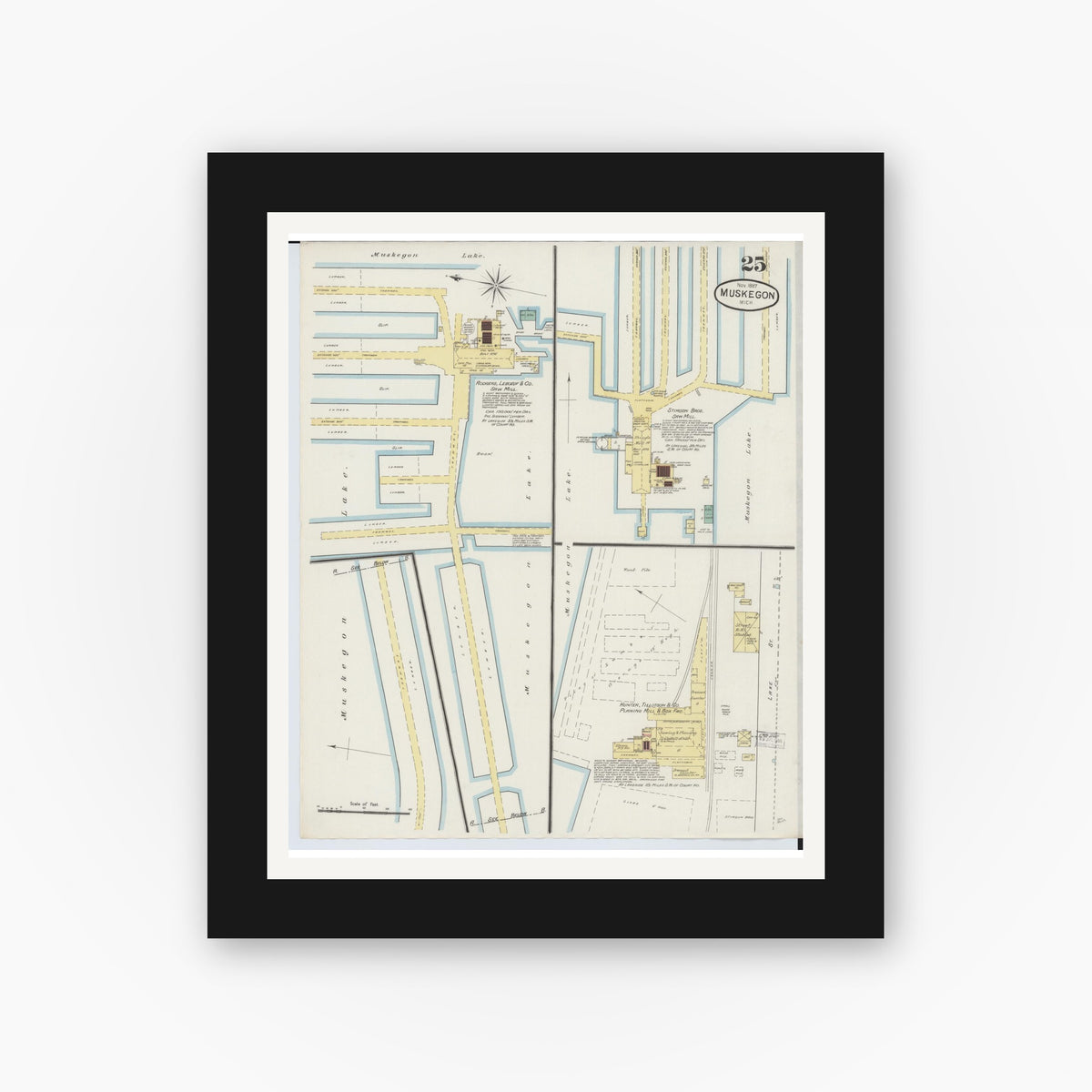 Old map wall art mockup β black gallery frame with white mat β Sanborn Fire Insurance Map from Muskegon, Muskegon County, Michigan (1887), Sheet #0025