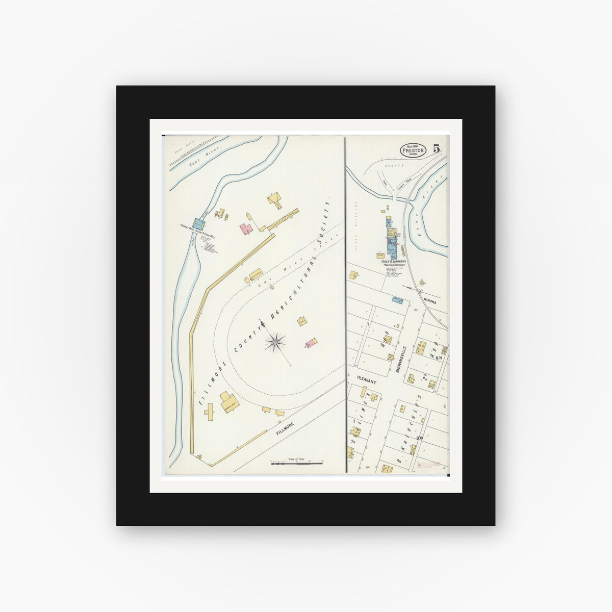 Old map wall art mockup — black gallery frame with white mat — Sanborn Fire Insurance Map from Preston, Fillmore County, Minnesota (1900), Sheet #0005