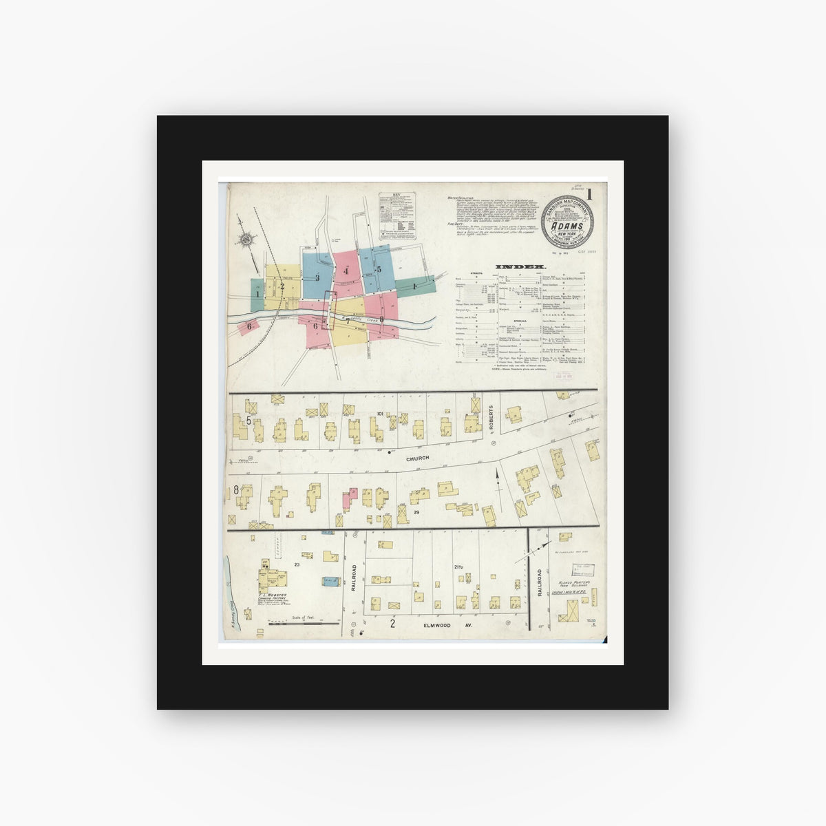 Old map wall art mockup — black gallery frame with white mat — Sanborn Fire Insurance Map from Adams, Jefferson County, New York (1911) - Complete Map Set