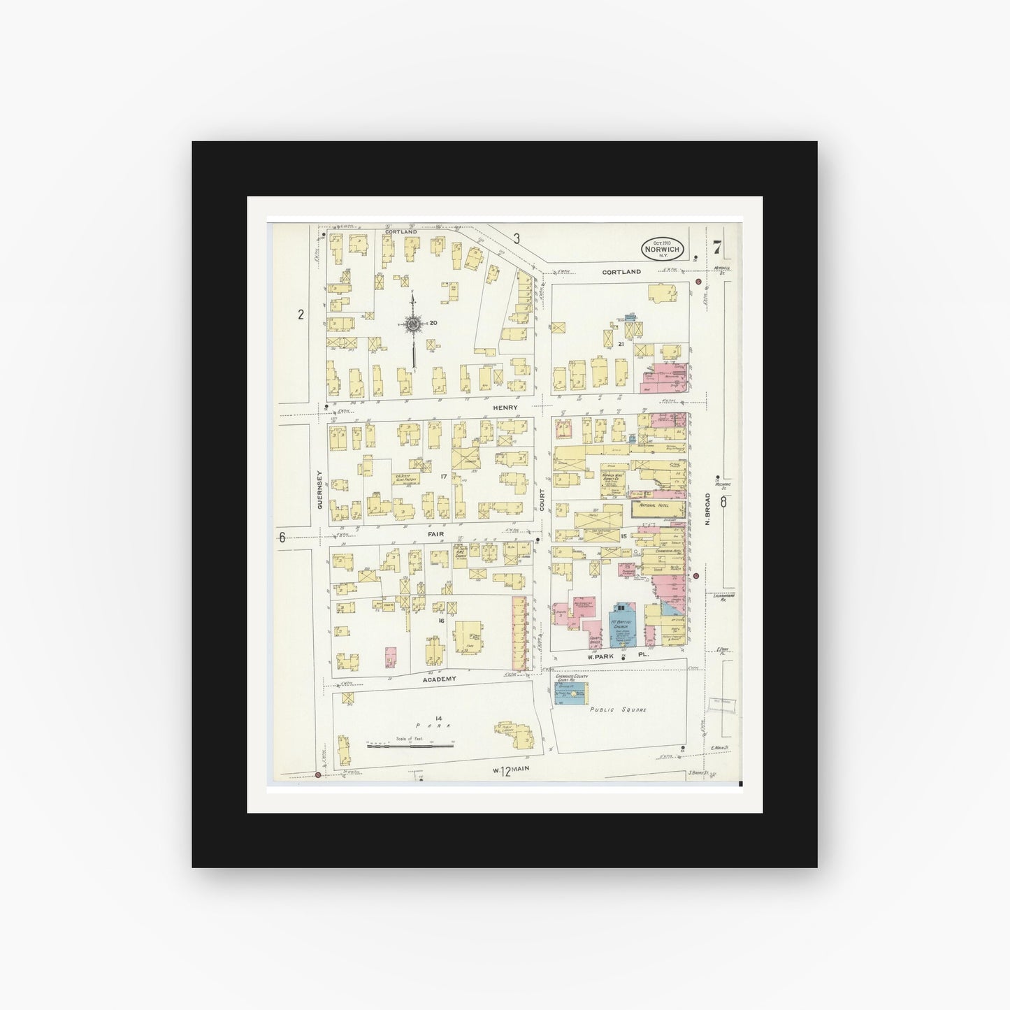 Old map wall art mockup — black gallery frame with white mat — Sanborn Fire Insurance Map from Norwich, Chenango County, New York (1910), Sheet #0007