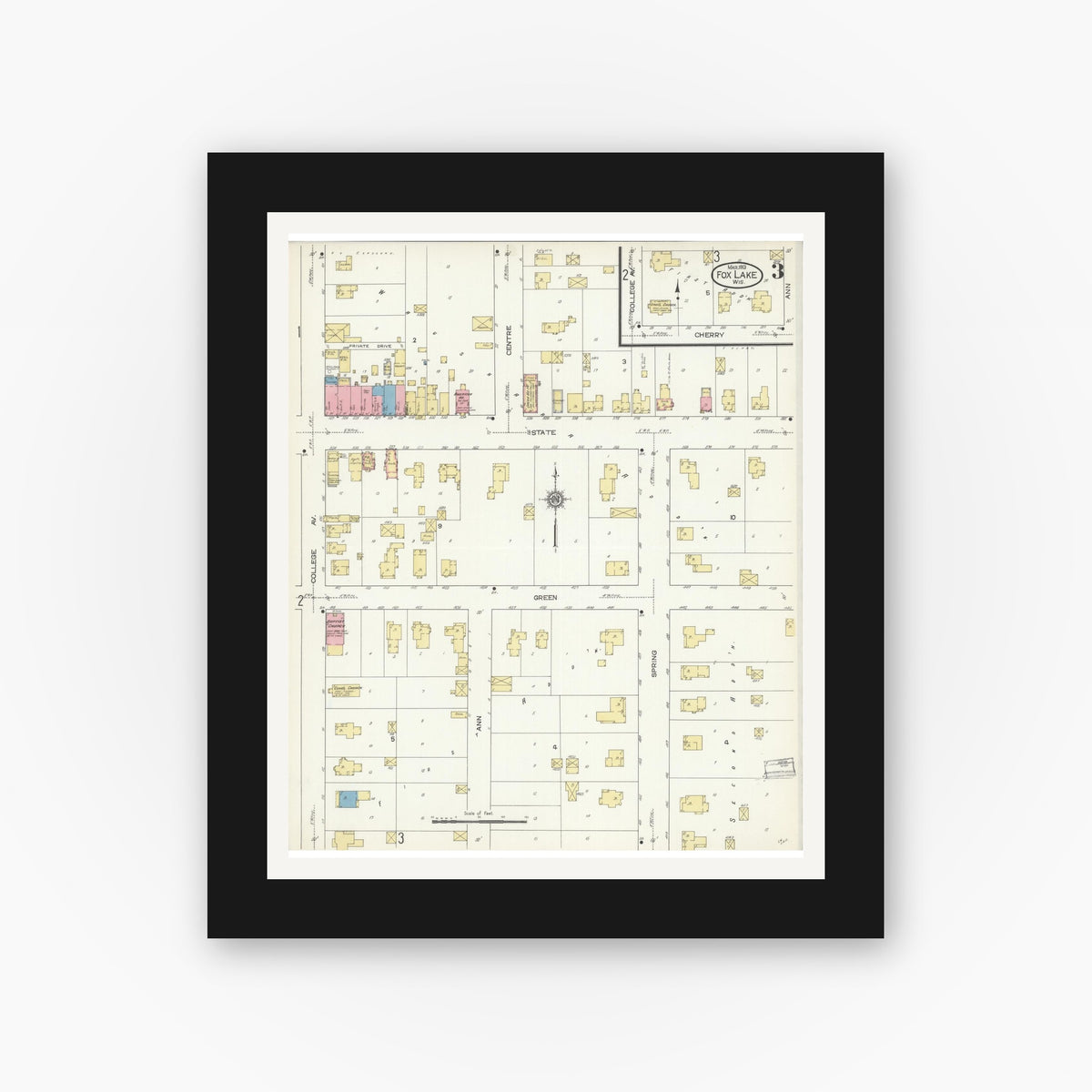 Old map wall art mockup — black gallery frame with white mat — Sanborn Fire Insurance Map from Fox Lake, Dodge County, Wisconsin (1913), Sheet #0003