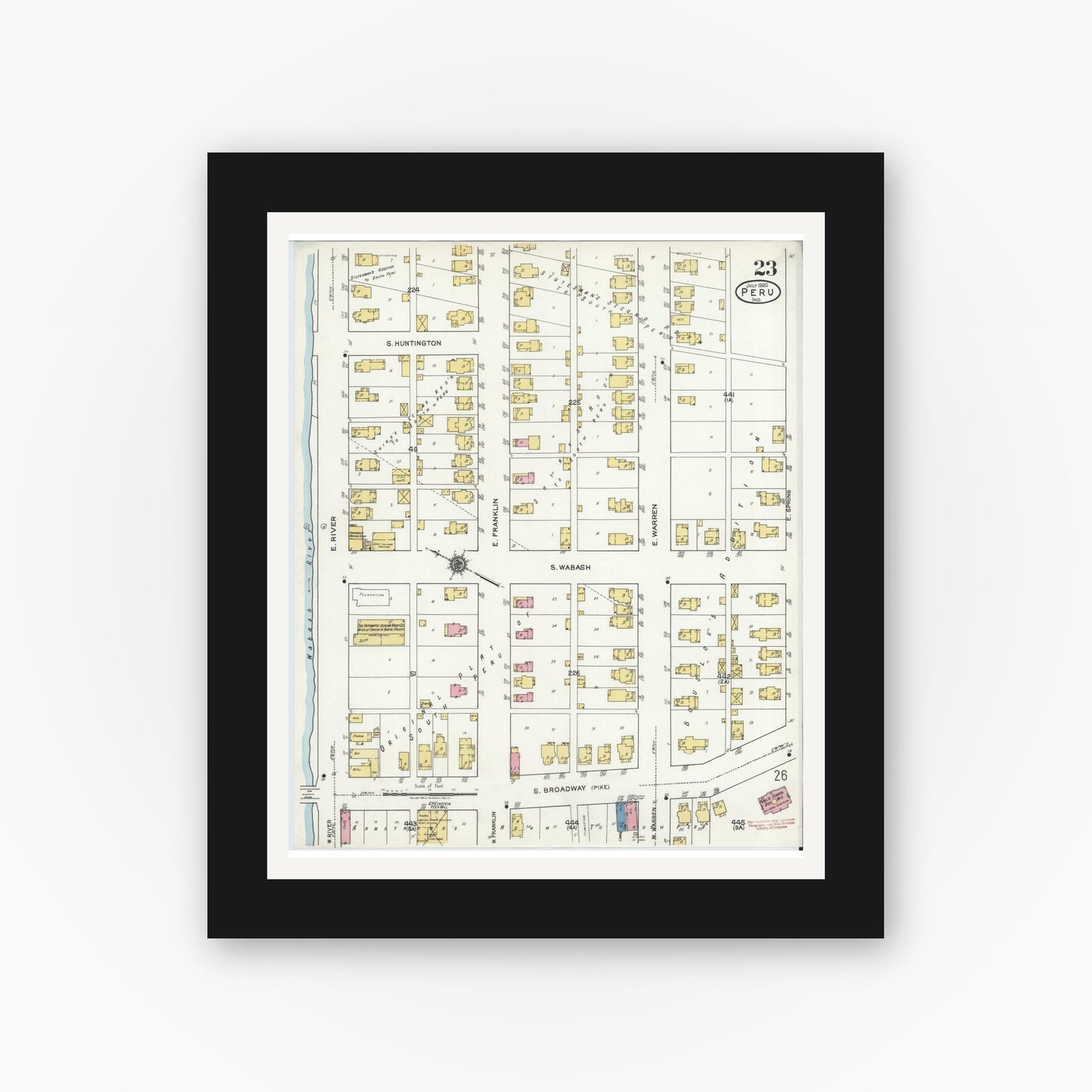 Old map wall art mockup — black gallery frame with white mat — Sanborn Fire Insurance Map from Peru, Miami County, Indiana (1920), Sheet #0023